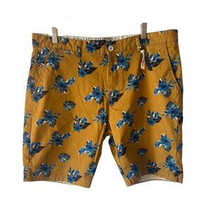 DENIM & FLOWER Ricky Singh Gold + Blue Hibiscus Print Men's Shorts NWOT Size 38